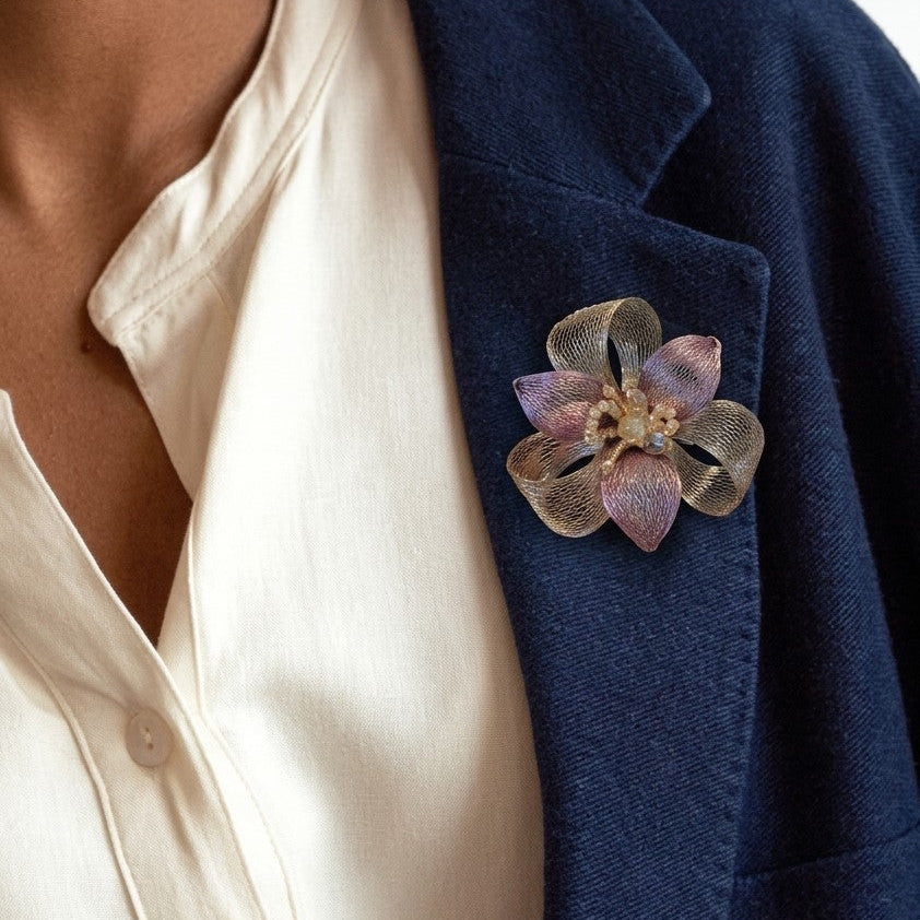 Metallic Mesh Flower Brooch